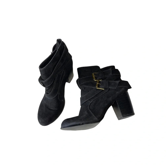 American Eagle Black Faux Suede Buckle Block Heel Ankle Boots 8 Women’s - Picture 10 of 10